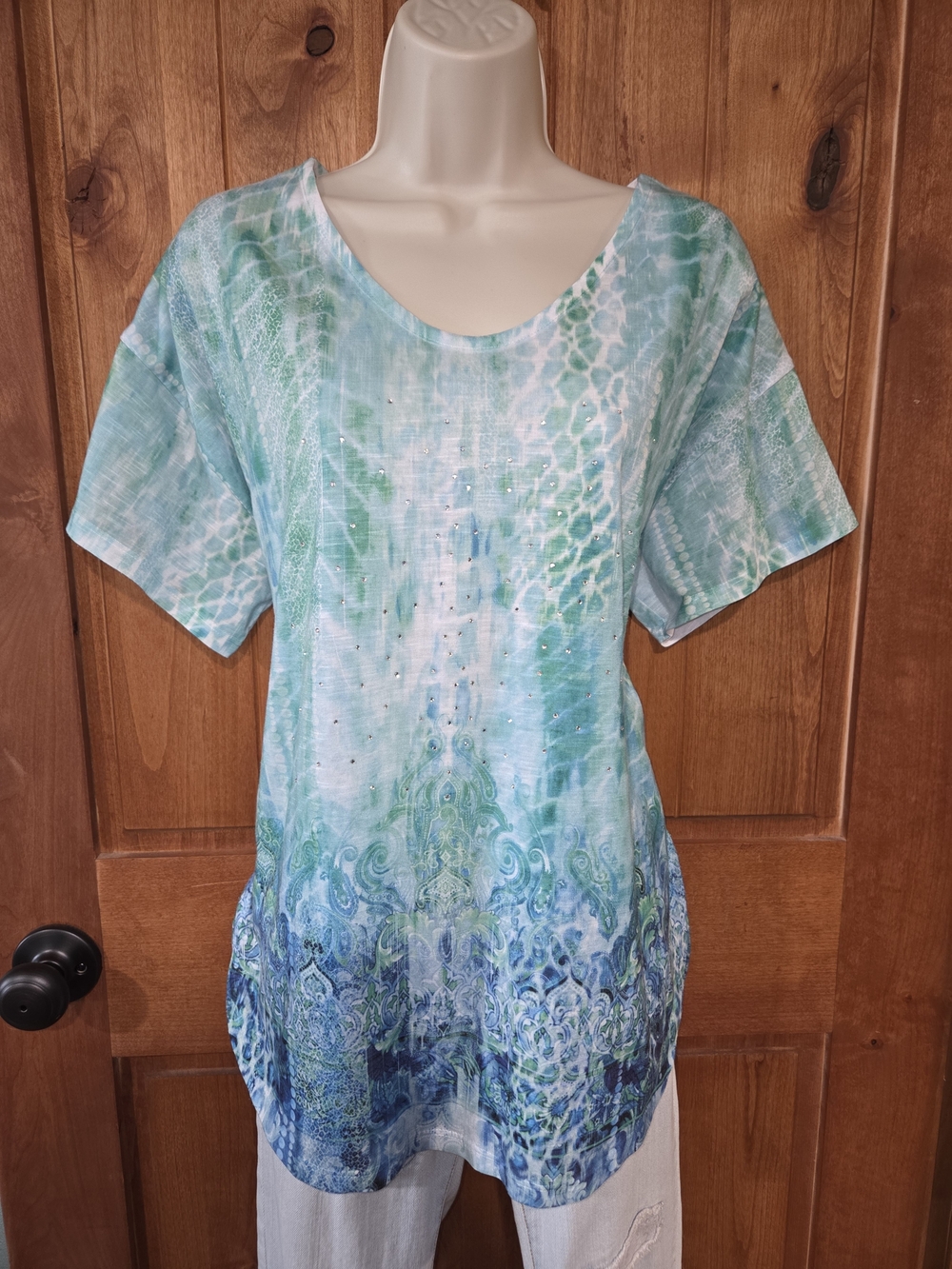 Concepts Aqua & Teal Short‎ Sleeve Embellished Top